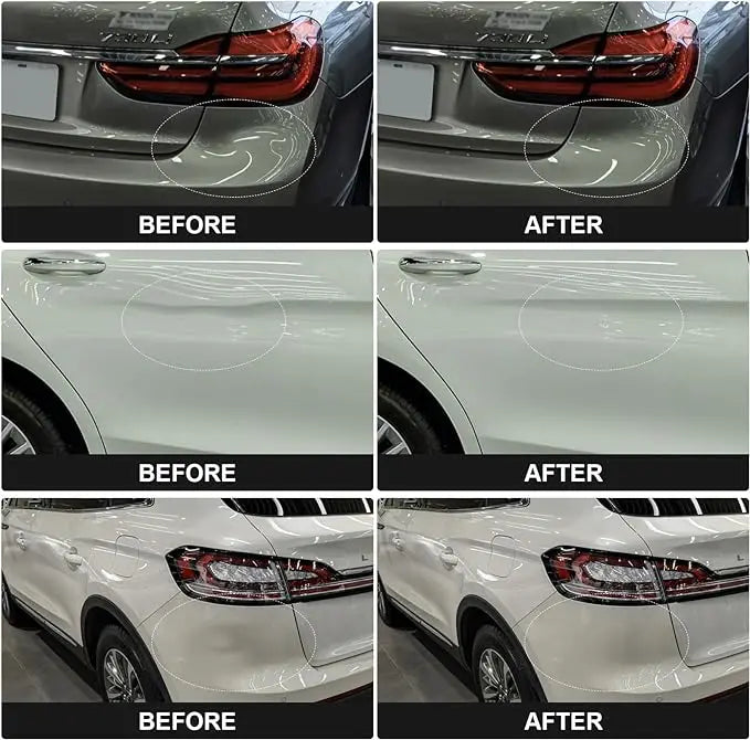 Before and after comparison collage showing three car panel dents removed using the Paintless Dent Repair Kit's suction cup dent puller.