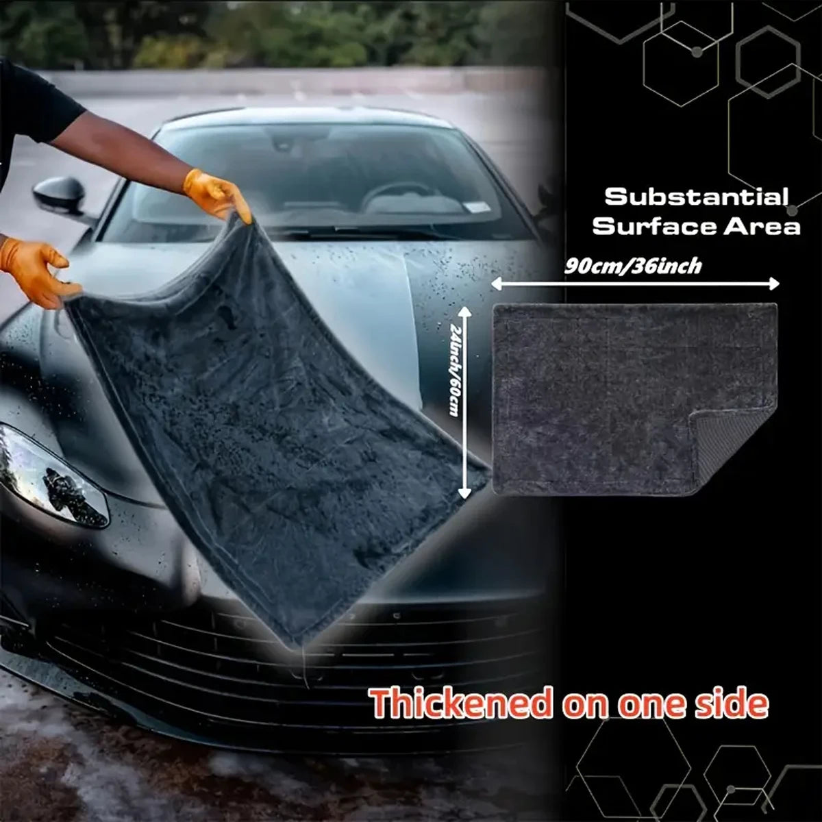 Microfibre car drying towel draped over a car hood showing size dimensions of 90cm by 60cm