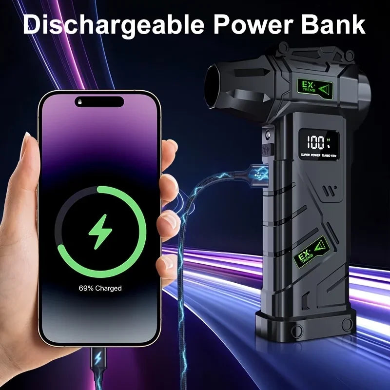 Mini Brushless Jet Blower used as a power bank, charging a smartphone held in hand via USB cable