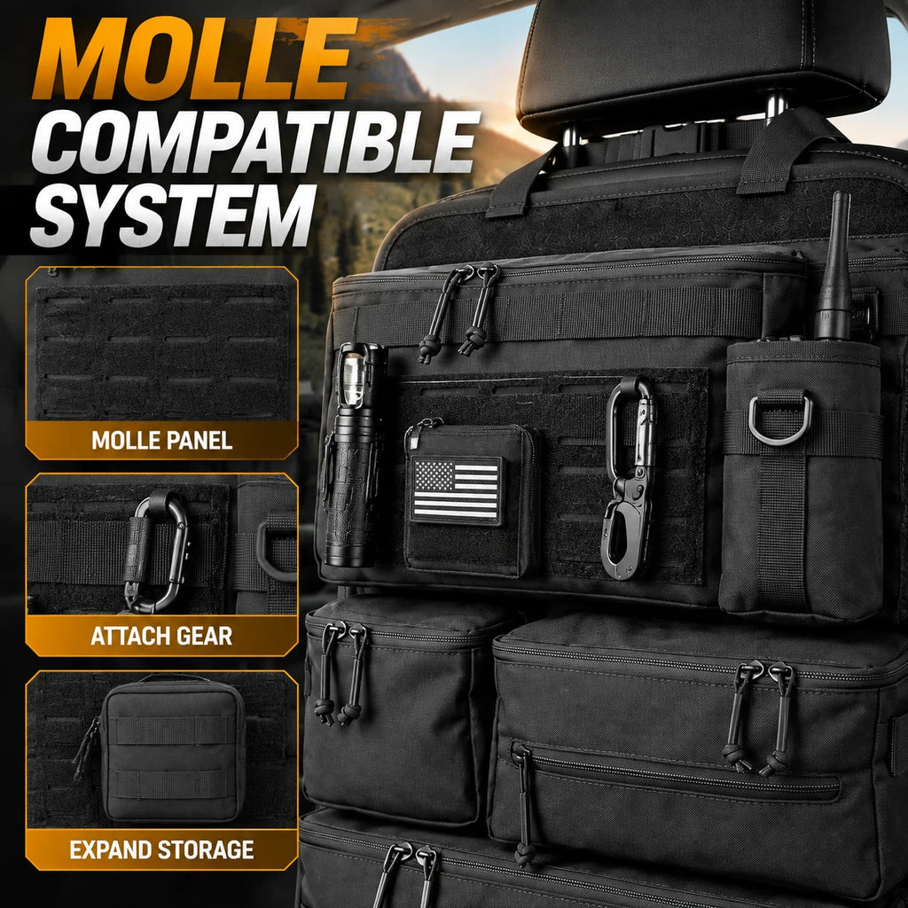 Black Tactical Seat Back Organiser MOLLE panel holding a torch, carabiner, patch pouch and radio, with close-up insets
