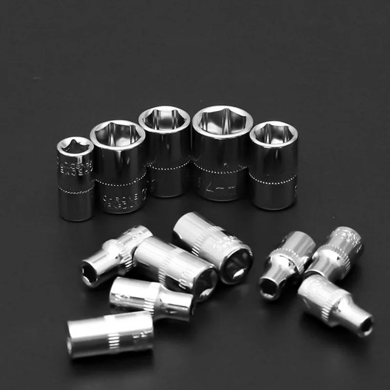 Close-up of chrome vanadium sockets in various sizes