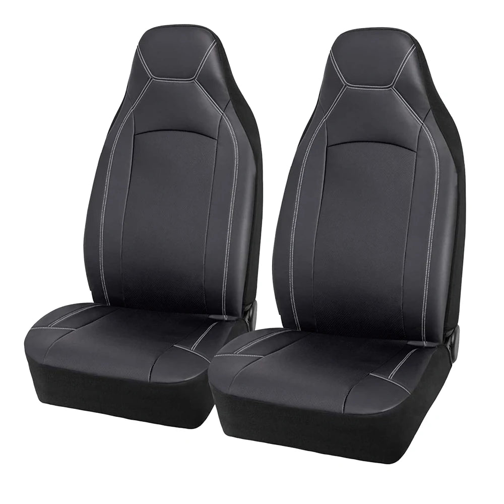 Leather Bucket Seat Covers front pair in black PU leather with white stitching on white background