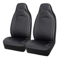 Leather Bucket Seat Covers front pair in black PU leather with white stitching on white background