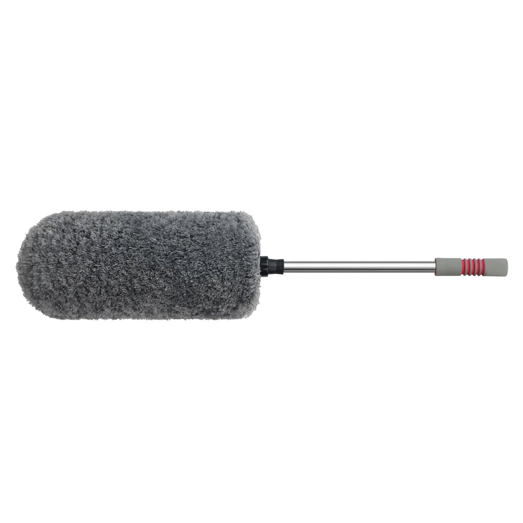 Telescopic Microfibre Car Duster with grey microfibre head, stainless steel pole and foam grip on white background