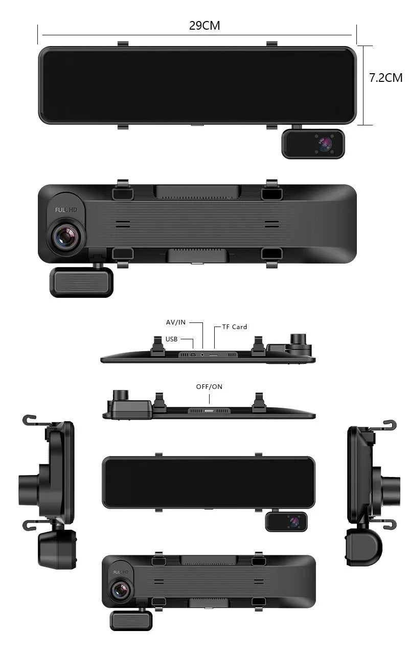 Triple-Lens Mirror Dash Cam dimensions of 29 cm by 7.2 cm with front, rear, side and mounting strap views