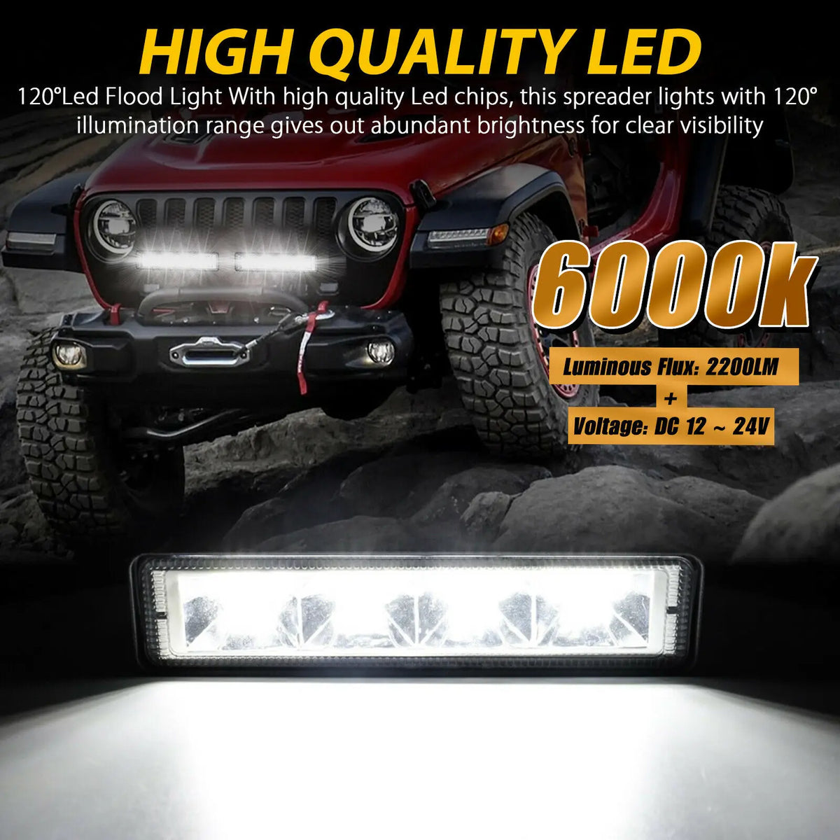 72W LED Work Light Pair mounted on the front bumper of a red 4x4, shining bright 6000K white light over rocky off-road terrain