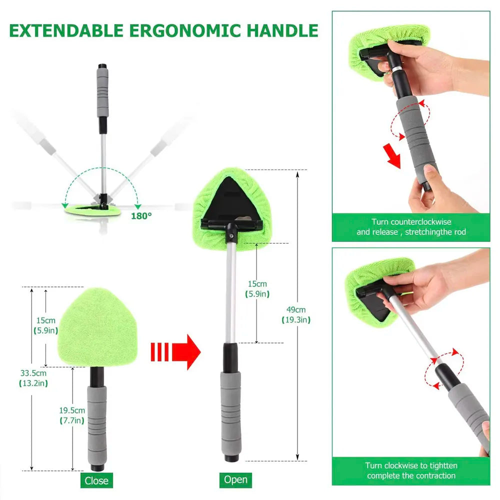 Telescopic car window cleaning brush extendable ergonomic handle with 180-degree swivel and dimensions