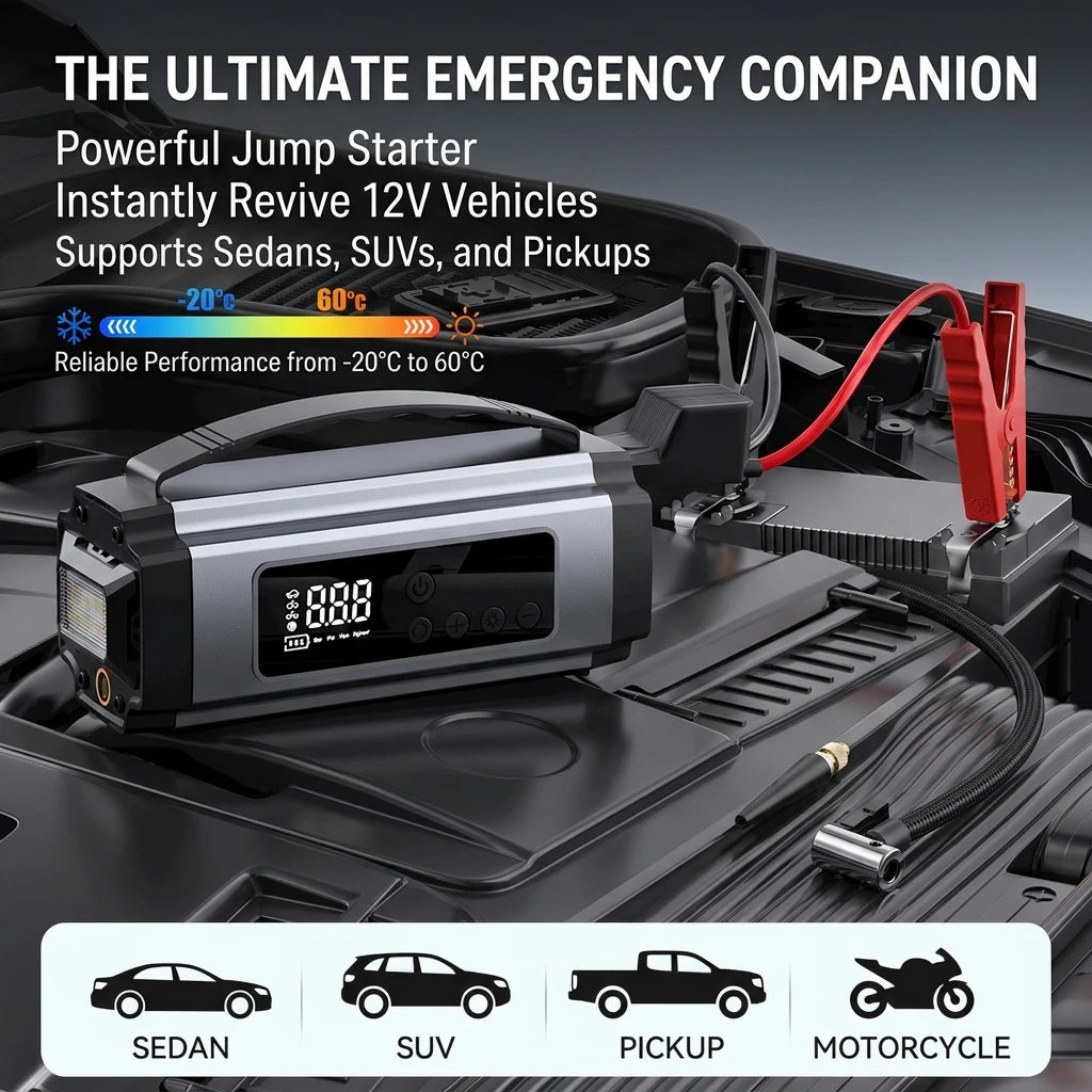 6-in-1 Jump Starter & Inflator connected to a car battery in an engine bay, suitable for sedans, SUVs, utes and motorcycles