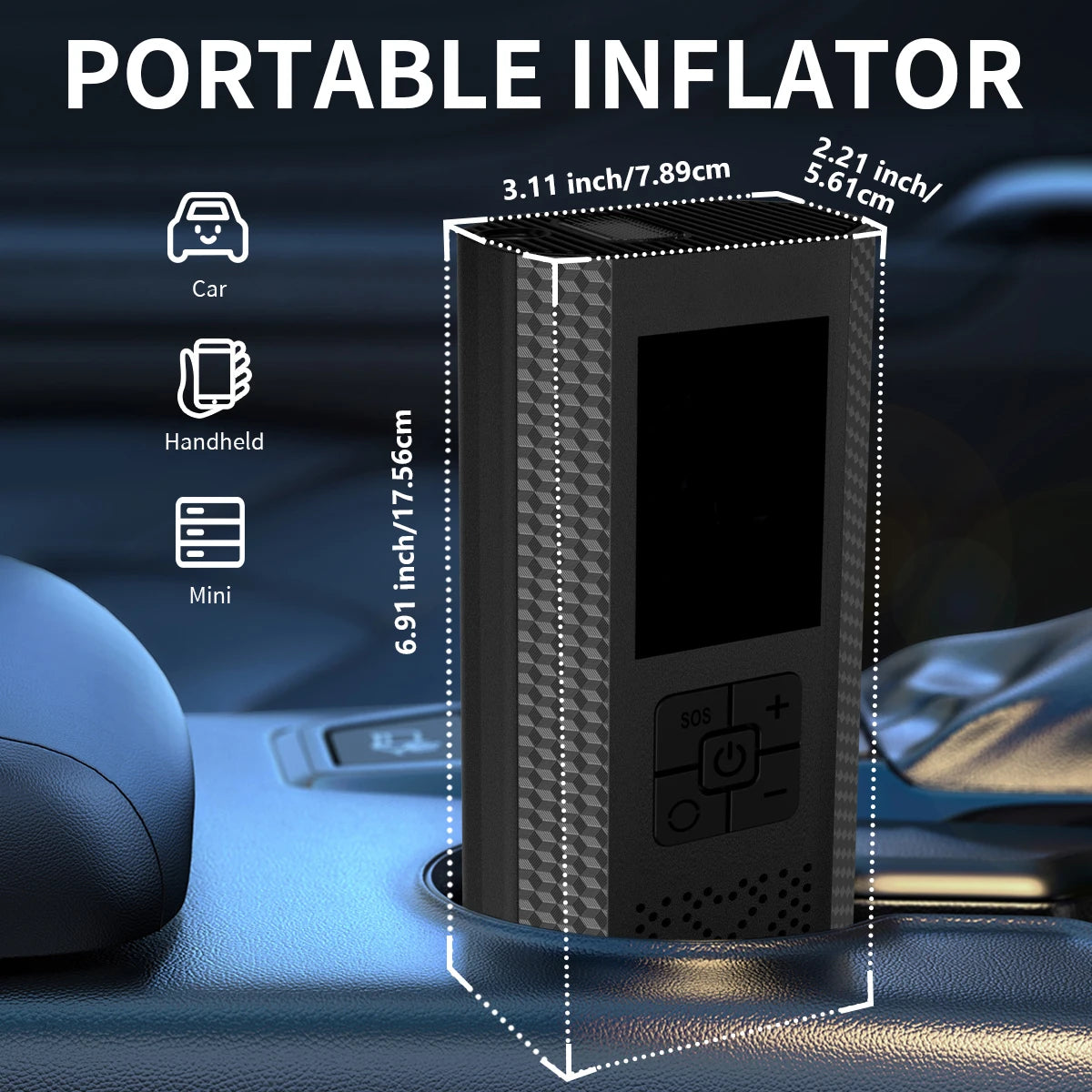 Pocket 150 PSI Tyre Inflator sitting in a car cup holder, measuring 17.56 x 7.89 x 5.61 cm