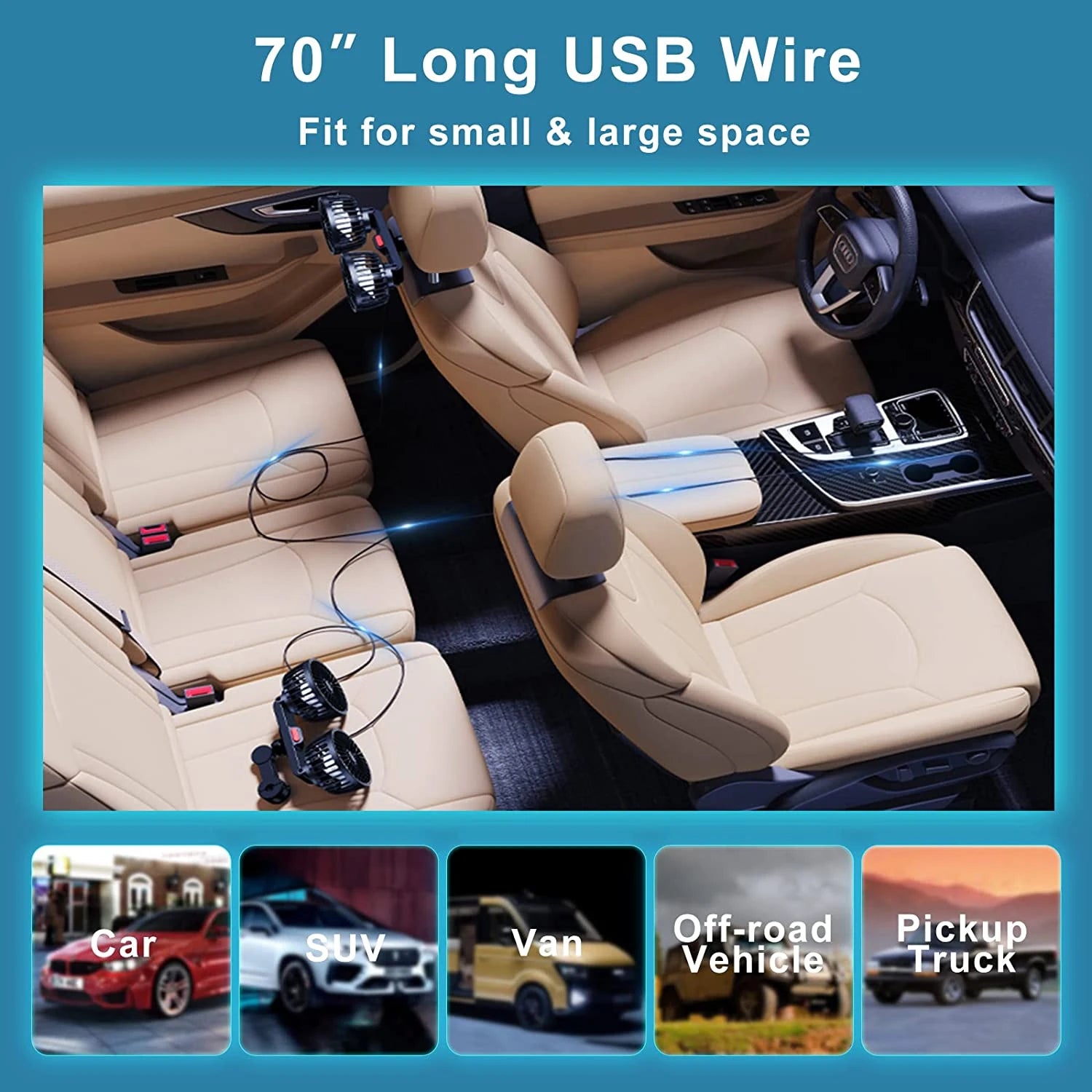 Dual-Head Headrest Cooling Fan 70-inch long USB power cable routed through a car interior, fitting cars, SUVs, vans, off-road vehicles and pickup trucks