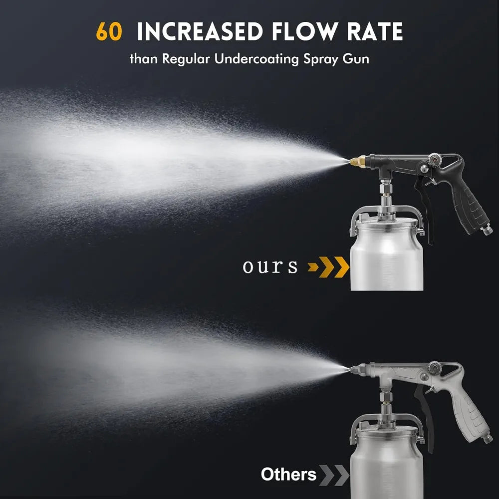 Comparison diagram showing the Chassis Armor Spray Gun's increased spray flow rate versus a standard undercoating spray gun