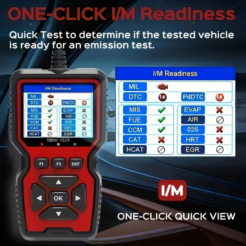OBD2 Code Reader one click I/M readiness test screen showing emissions inspection status