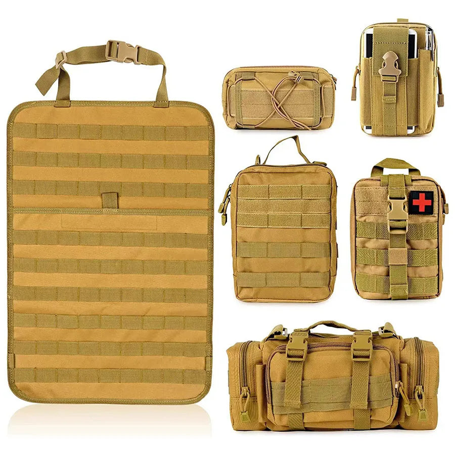 Heavy-Duty Car Back Seat Organiser tactical storage bag set in coyote tan 600D Oxford fabric.