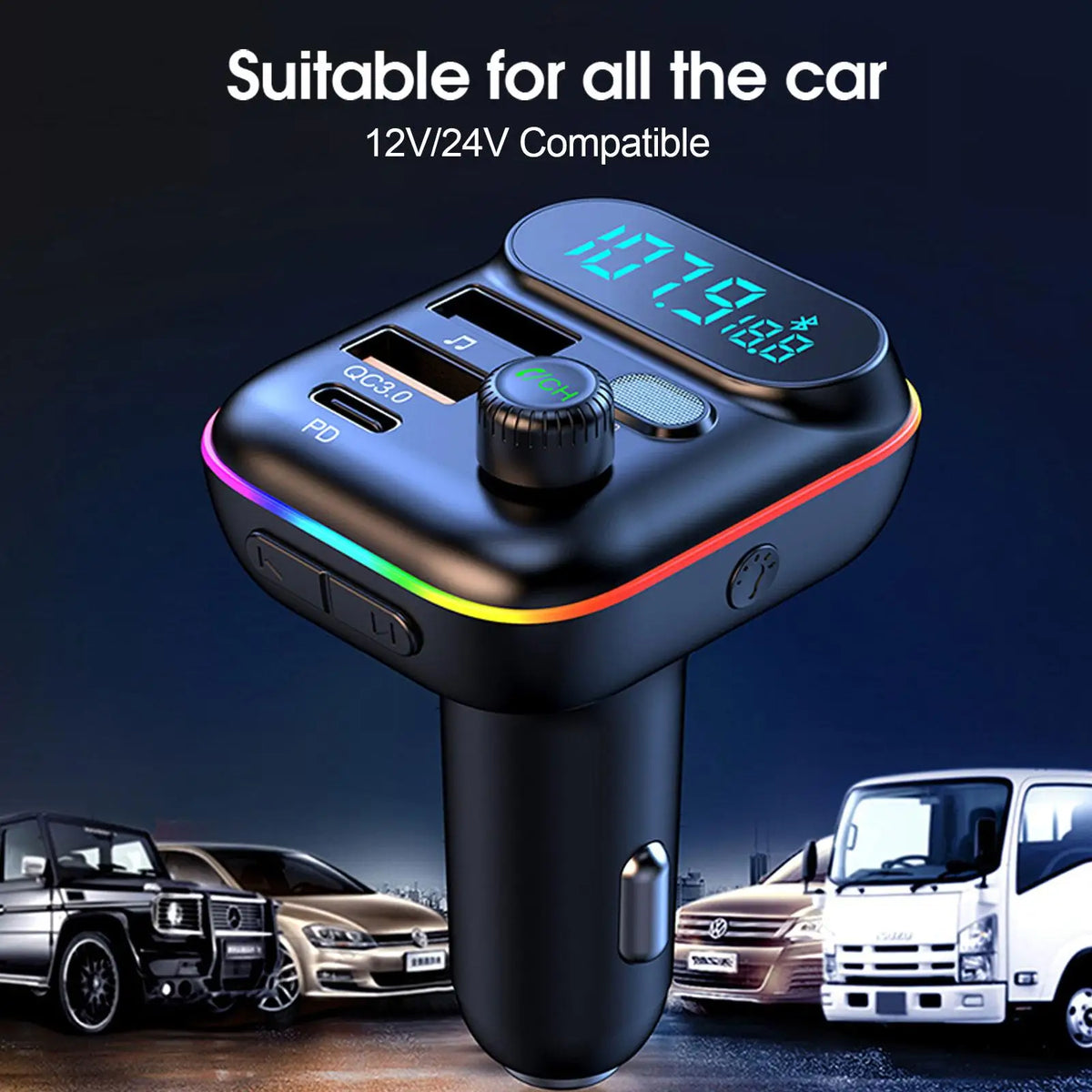 PD Fast-Charge FM Transmitter with LED display shown in front of a four-wheel drive, sedan and light truck