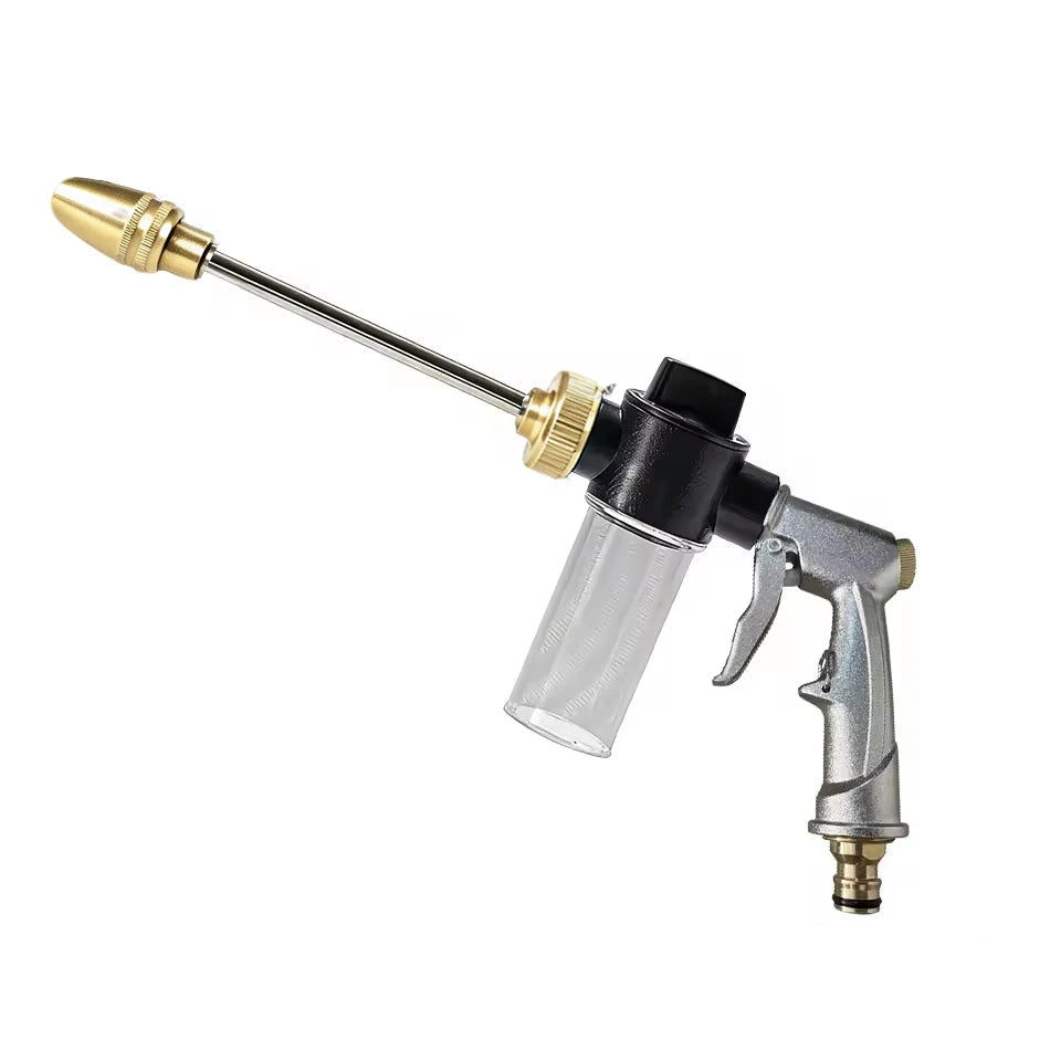 Rotating Foam Wash Gun with brass nozzle, silver metal pistol grip, clear foam cannon bottle and quick-connect hose fitting