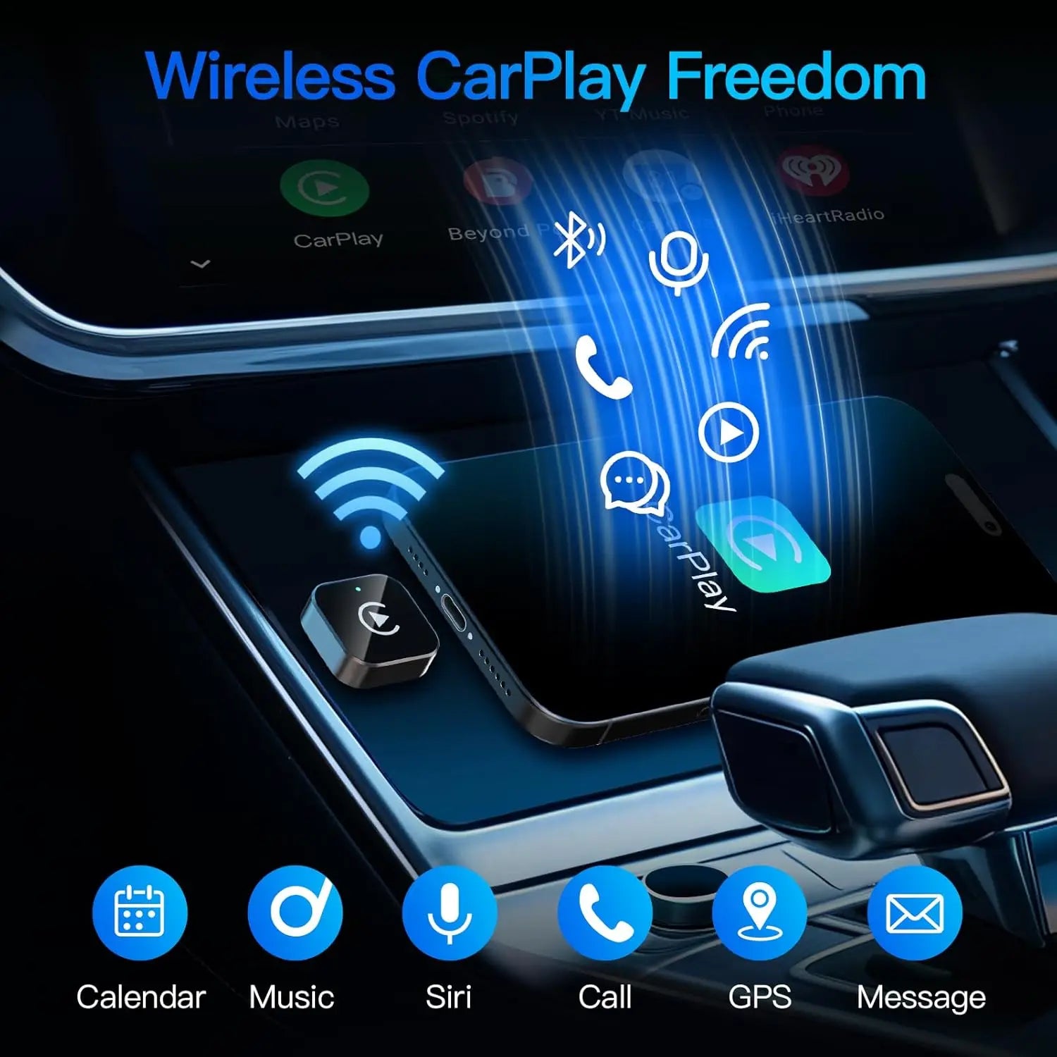 Wireless CarPlay adapter plugged into a car's USB port, wirelessly streaming Maps, Spotify, Siri, phone calls and messages to the vehicle's touchscreen.