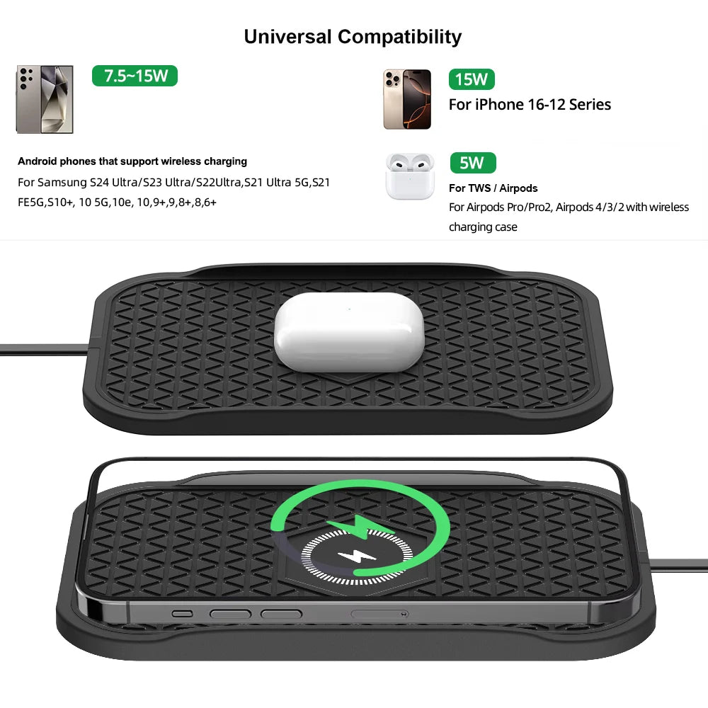 Non-slip wireless charging pad charging a wireless earbuds case and a smartphone, compatible with Android and iPhone