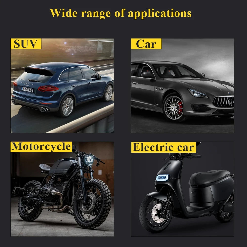 Graphic titled 'Wide range of applications' showing the Tyre Repair Tool Kit suits SUVs, cars, motorcycles and electric cars