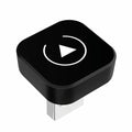 Mini Wireless CarPlay Adapter, compact black square USB dongle with play icon, on a white background