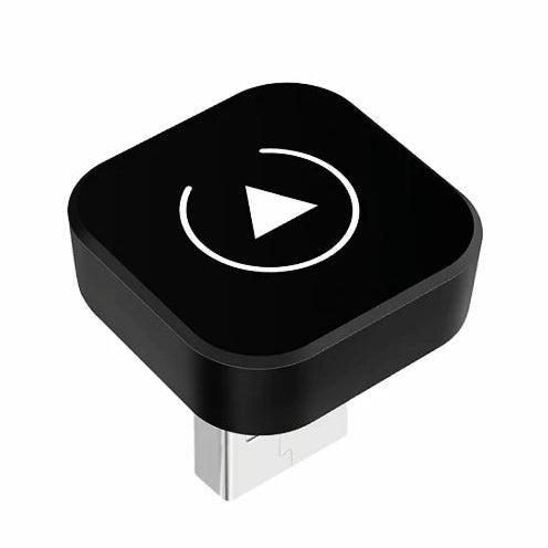 Mini Wireless CarPlay Adapter, compact black square USB dongle with play icon, on a white background