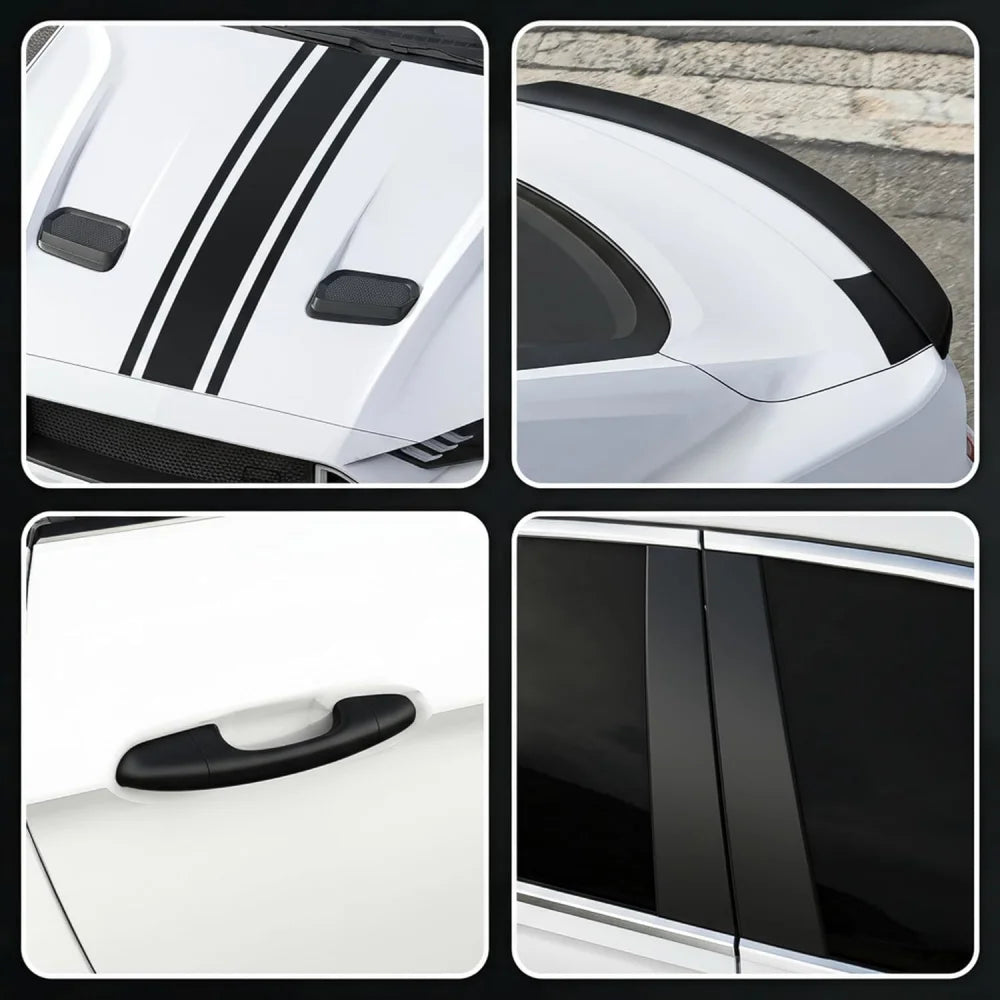 Matte Black Trim Wrap applied to a car's bonnet stripes, spoiler, door handle and window pillar trim