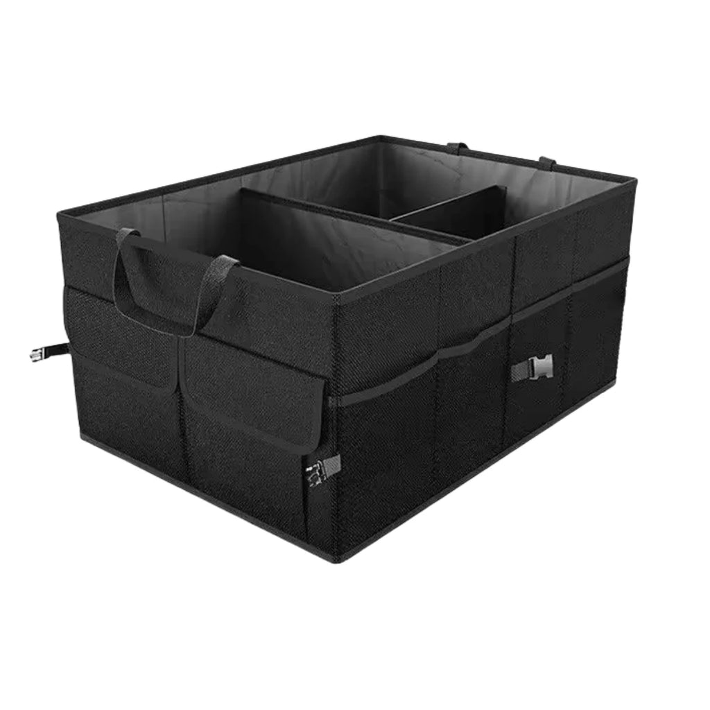 Heavy-Duty Car Boot Organiser in black waterproof Oxford fabric with foldable multi-compartment storage and carry handles