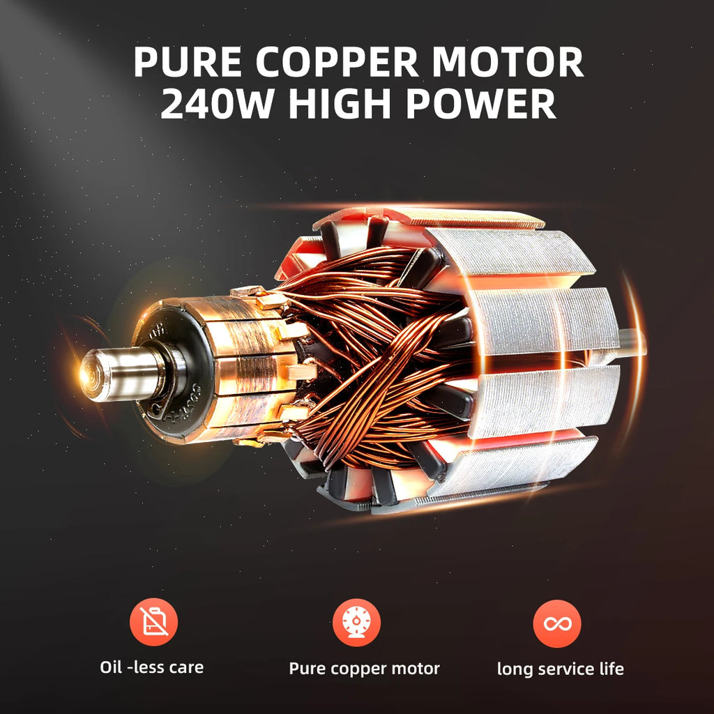 Cutaway view of the Heavy-Duty Tyre Inflator's pure copper 240W motor with oil-less, long service life design