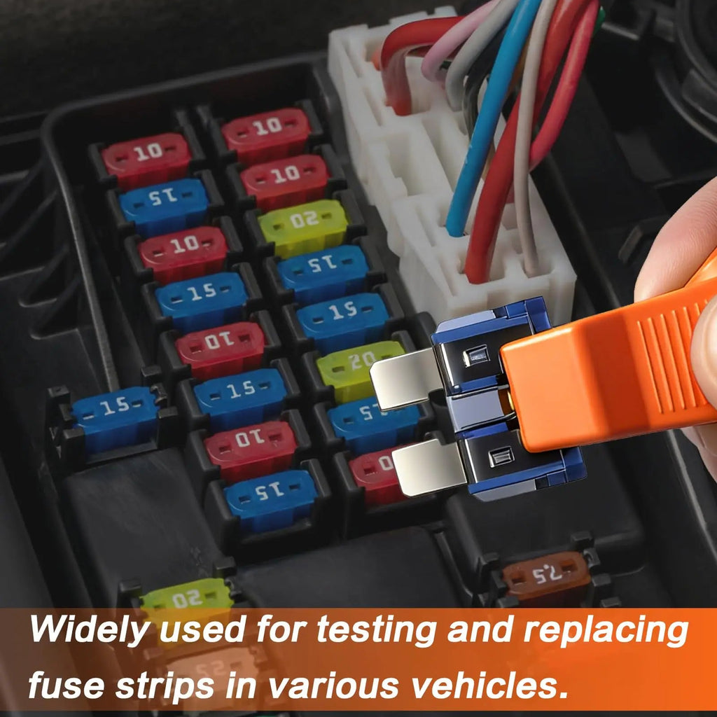 LED Blade Fuse Tester pulling a blade fuse from a car fuse box