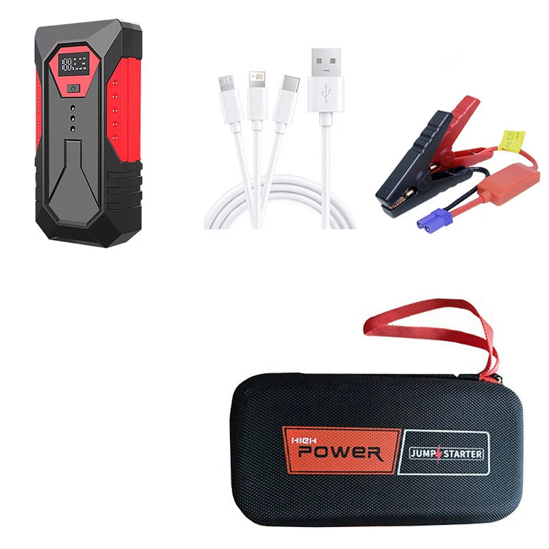 Compact Pocket Jump Starter package contents including jump starter, battery clamps, multi-head USB charging cable and zip carry case