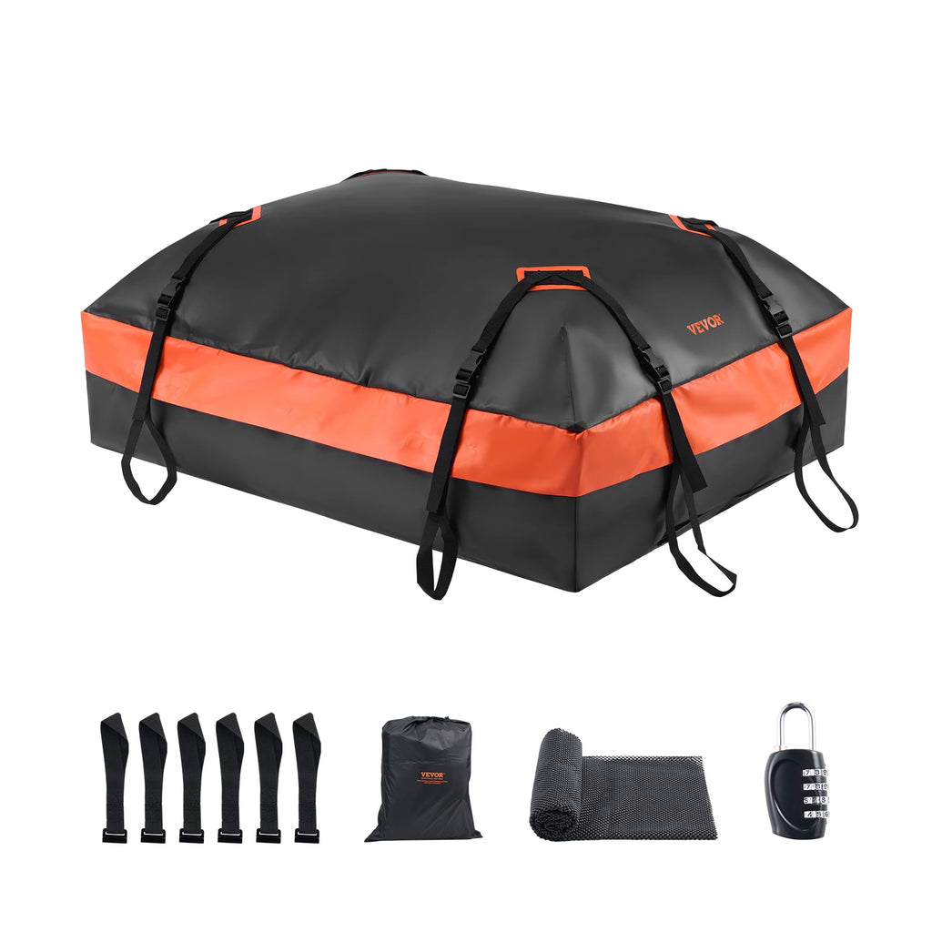 Rooftop Cargo Carrier waterproof roof bag with straps, combination lock, cooling towel and storage sack on a white background