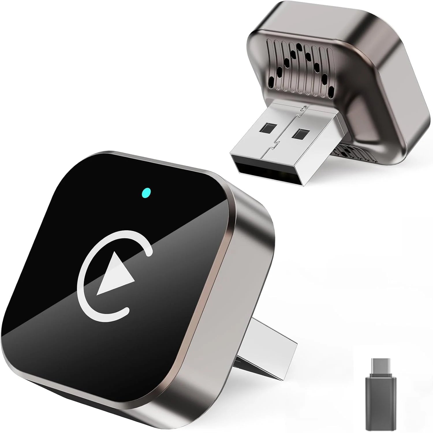 Wireless CarPlay adapter shown from two angles with USB-C adapter, featuring a compact metallic design and glowing play button, isolated on a white background.