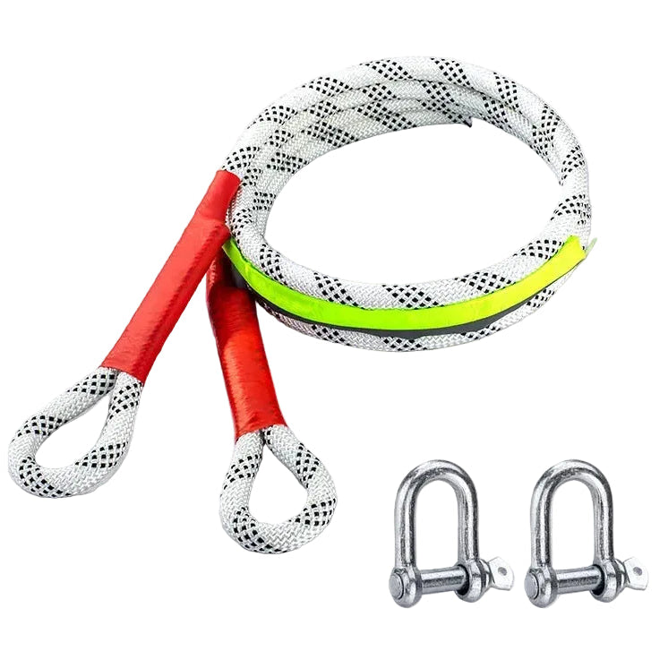 4x4 Recovery Strap with reinforced loop ends and two steel D-shackles laid out on a white background
