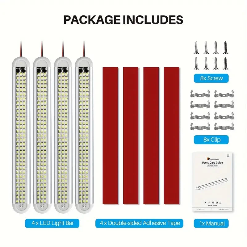 Package includes graphic showing four LED light bars, four strips of double-sided adhesive tape, 8 screws, 8 clips and a printed use and care manual.