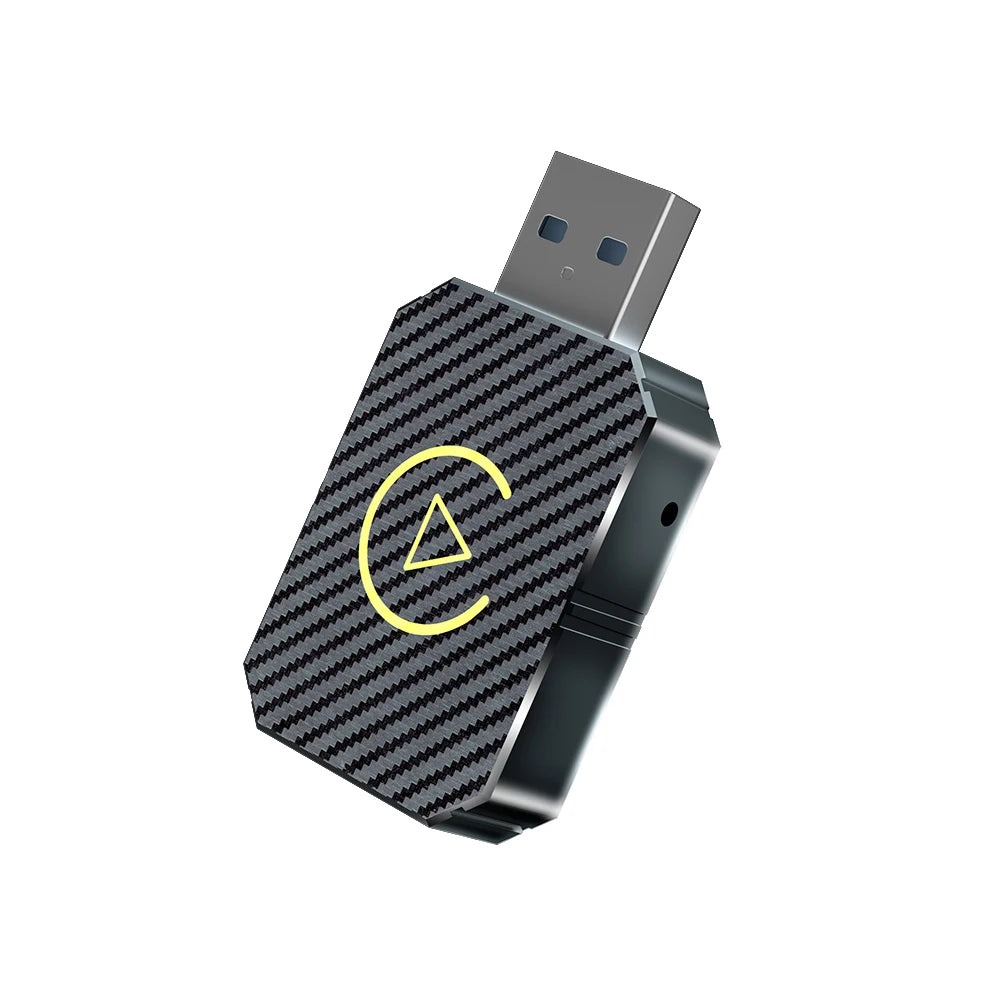 Carbon Wireless CarPlay Adapter with carbon fibre pattern casing and USB-A plug on a white background