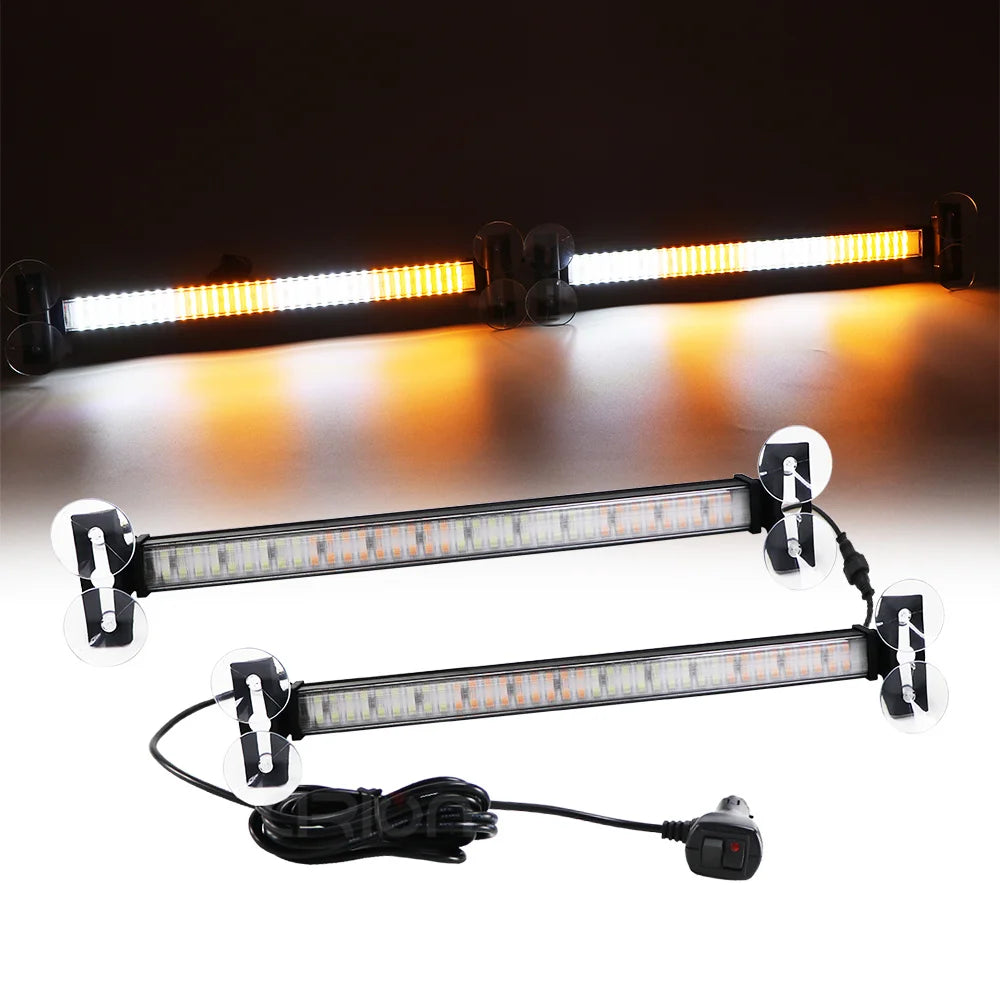 Amber LED Strobe Light Bar flashing white and amber on a dark background above a pair of light bars with cigarette lighter plug