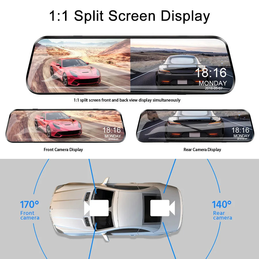 Streaming Mirror Dash Cam 1:1 split screen display showing separate front camera and rear camera footage of sports cars side by side
