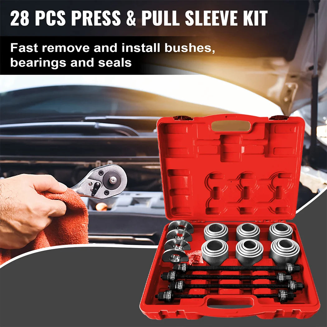 Bush Removal Tool Kit 28 piece press and pull sleeve set being used to remove and install bushes, bearings and seals under a car bonnet