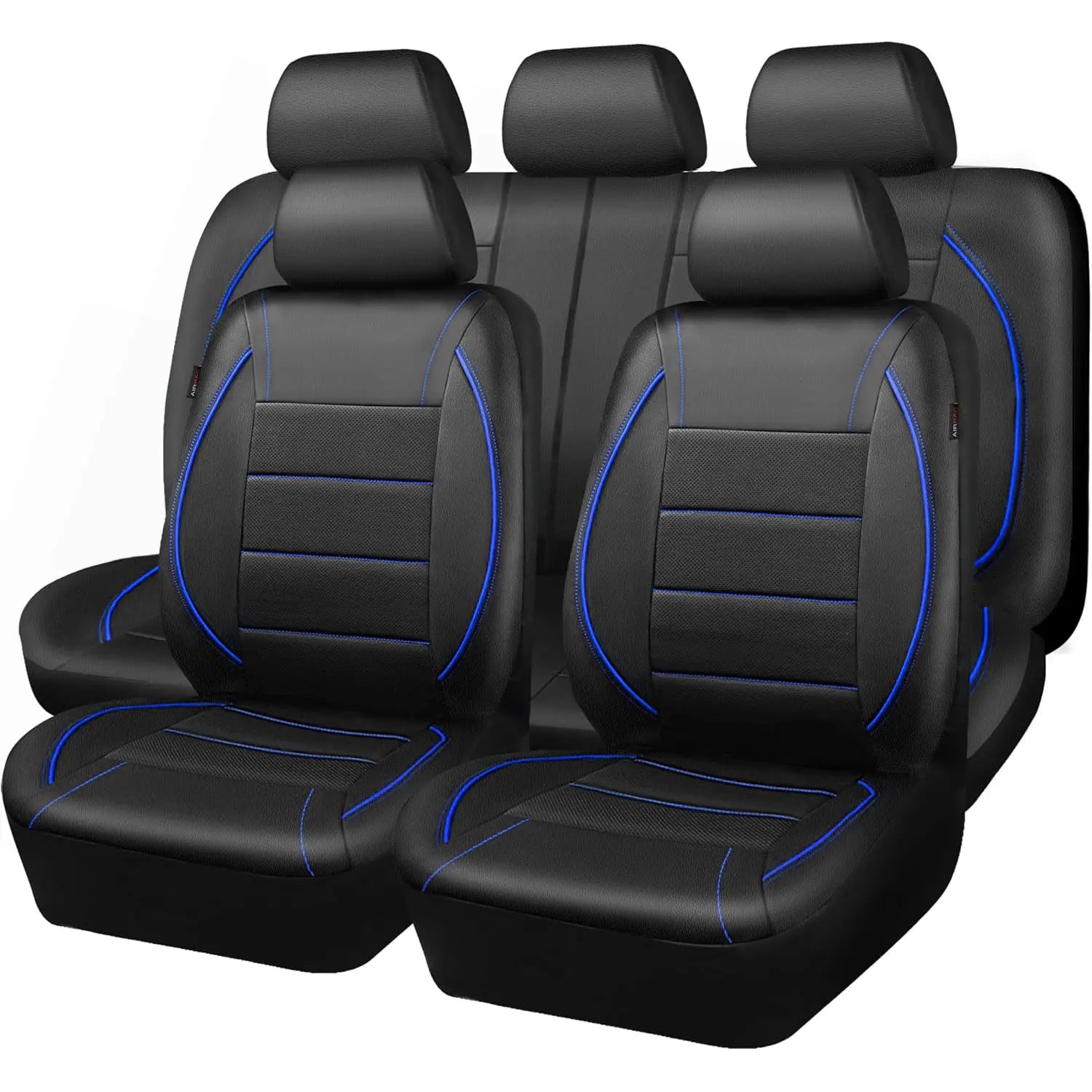 Black Leather Car Seat Covers with blue trim stitching on clean white background