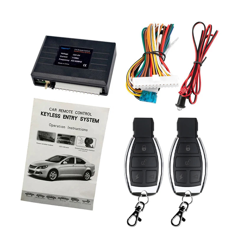 Remote Central Locking Kit Hippcron branded control box with wiring harness, instruction manual and two remote key fobs