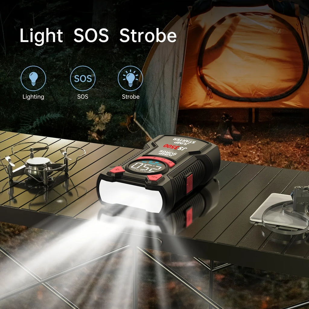 Pro Jump Starter Compressor LED light shining at a night campsite, with lighting, SOS and strobe modes