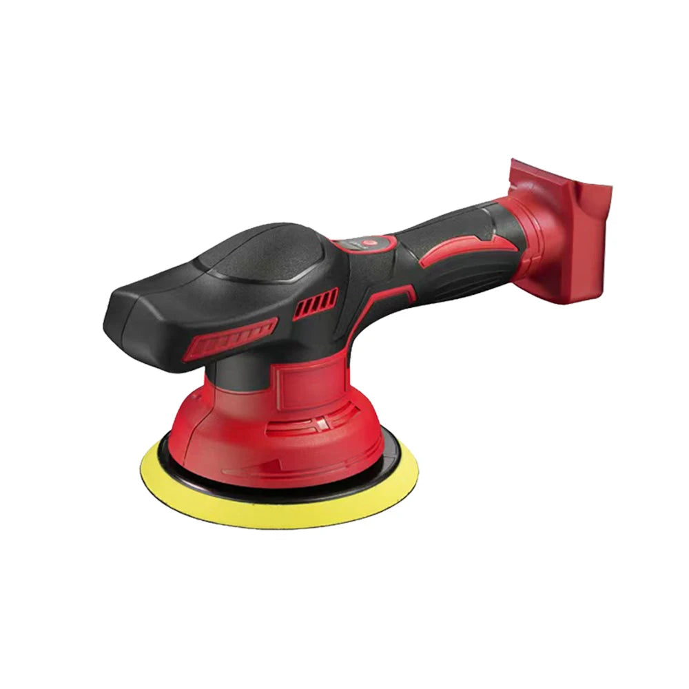 Cordless Car Polisher in red with dual-action polishing pad on a white background