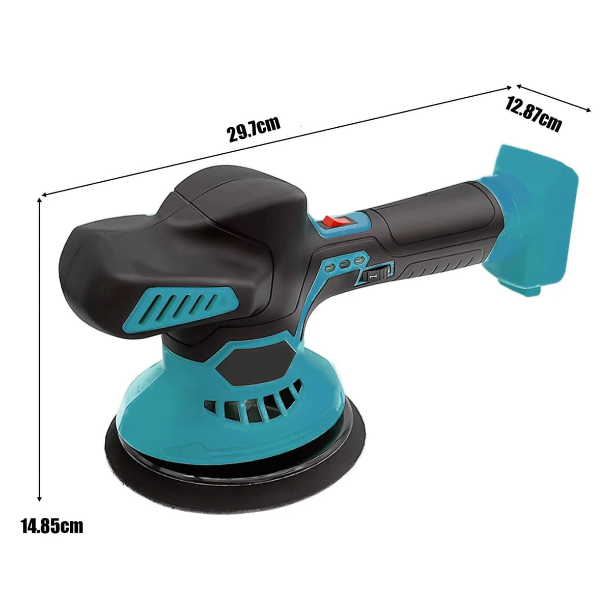 Cordless Orbital Car Polisher dimension diagram showing measurements of 29.7 cm, 12.87 cm and 14.85 cm