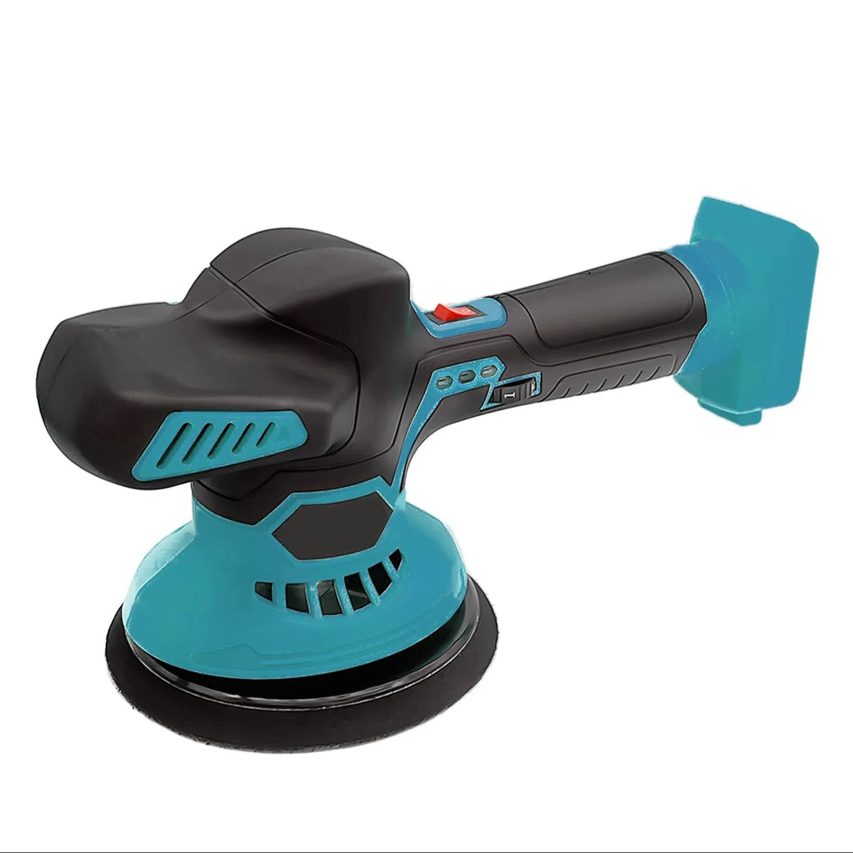 Cordless Orbital Car Polisher in teal and black with round backing pad on a white background