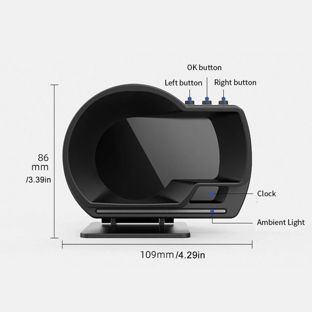 Digital Head-Up Display dimension diagram labelling the OK, left and right buttons, clock and ambient light with 86mm by 109mm measurements
