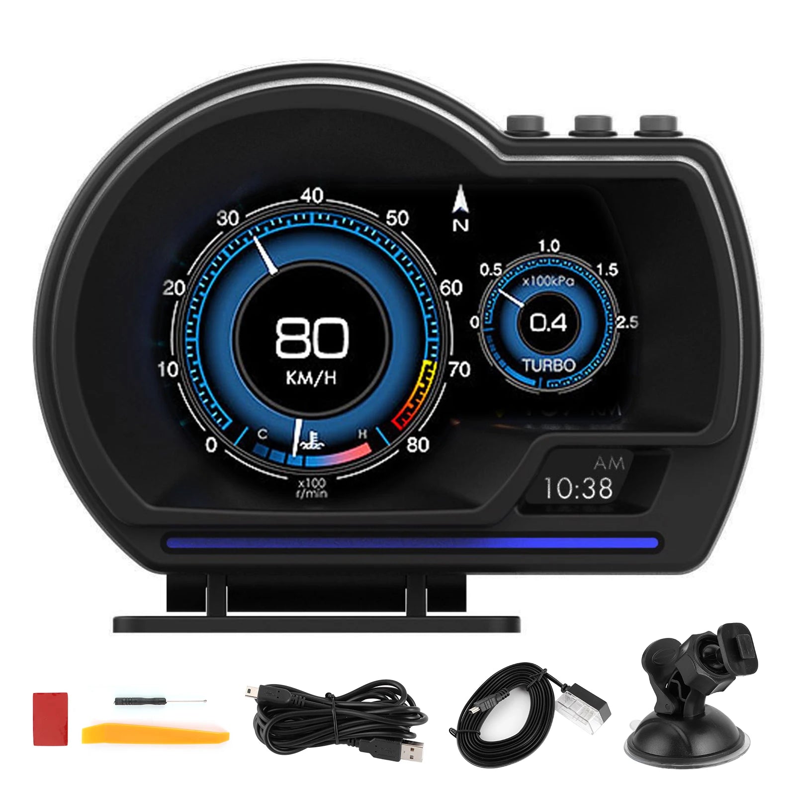 Digital Head-Up Display unit showing speed and turbo boost gauges with its suction mount, OBD cable and windscreen film accessories