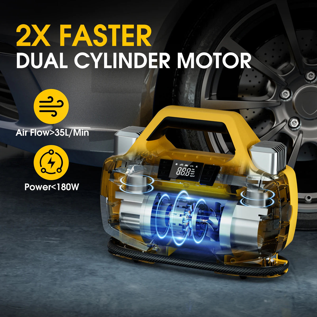 Cutaway view of Dual Cylinder Tyre Inflator showing dual cylinder motor for 2x faster inflation