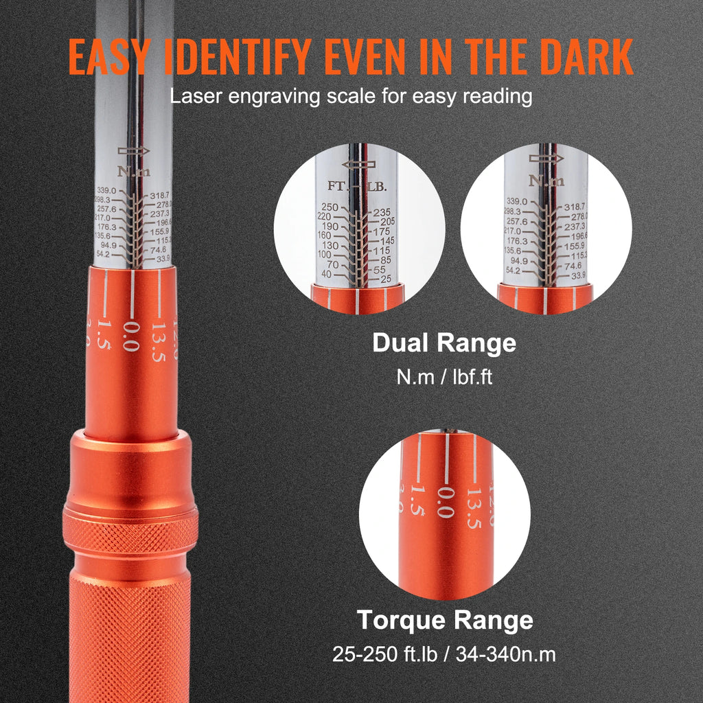 Precision Click Torque Wrench close-up of laser-engraved N.m and ft-lb dual scale and orange adjustment handle