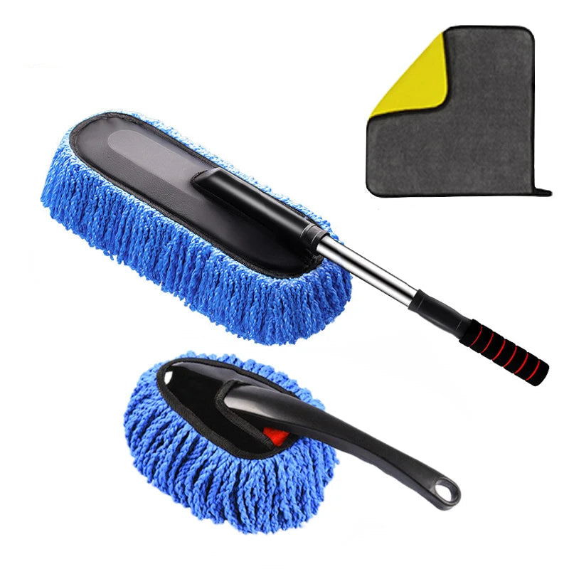 Telescopic Car Wax Mop Kit with mini duster and grey microfibre cleaning cloth on a white background
