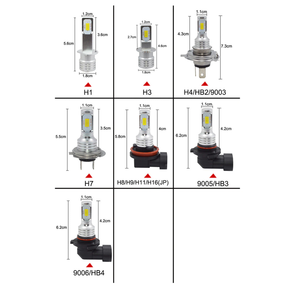 CSP LED Fog Light Bulbs size chart with dimensions for H1, H3, H4, H7, H8/H9/H11, 9005/HB3 and 9006/HB4 fittings