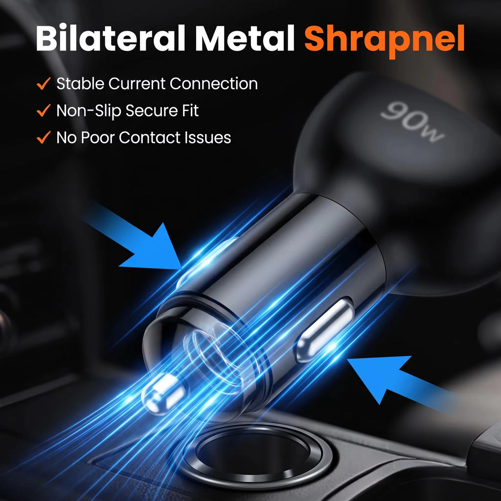 Close-up of the 90W Triple-Port Car Charger plug with metal side contacts for a secure fit in the 12V socket